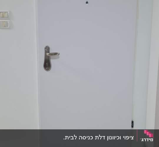 דלת עם ידית מתכת על רקע קיר לבן